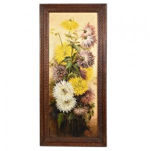 QUADRI ANTICHI, NATURA MORTA DI FIORI CON DALIE, OLIO SU TAVOLA, FINE DELL 800. (QF457)